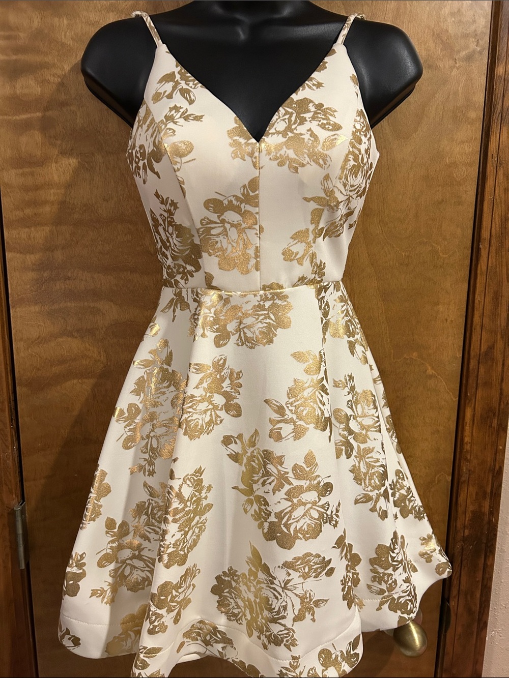Gold Floral Cream A-Line Spaghetti Strap Dress - Homecoming
